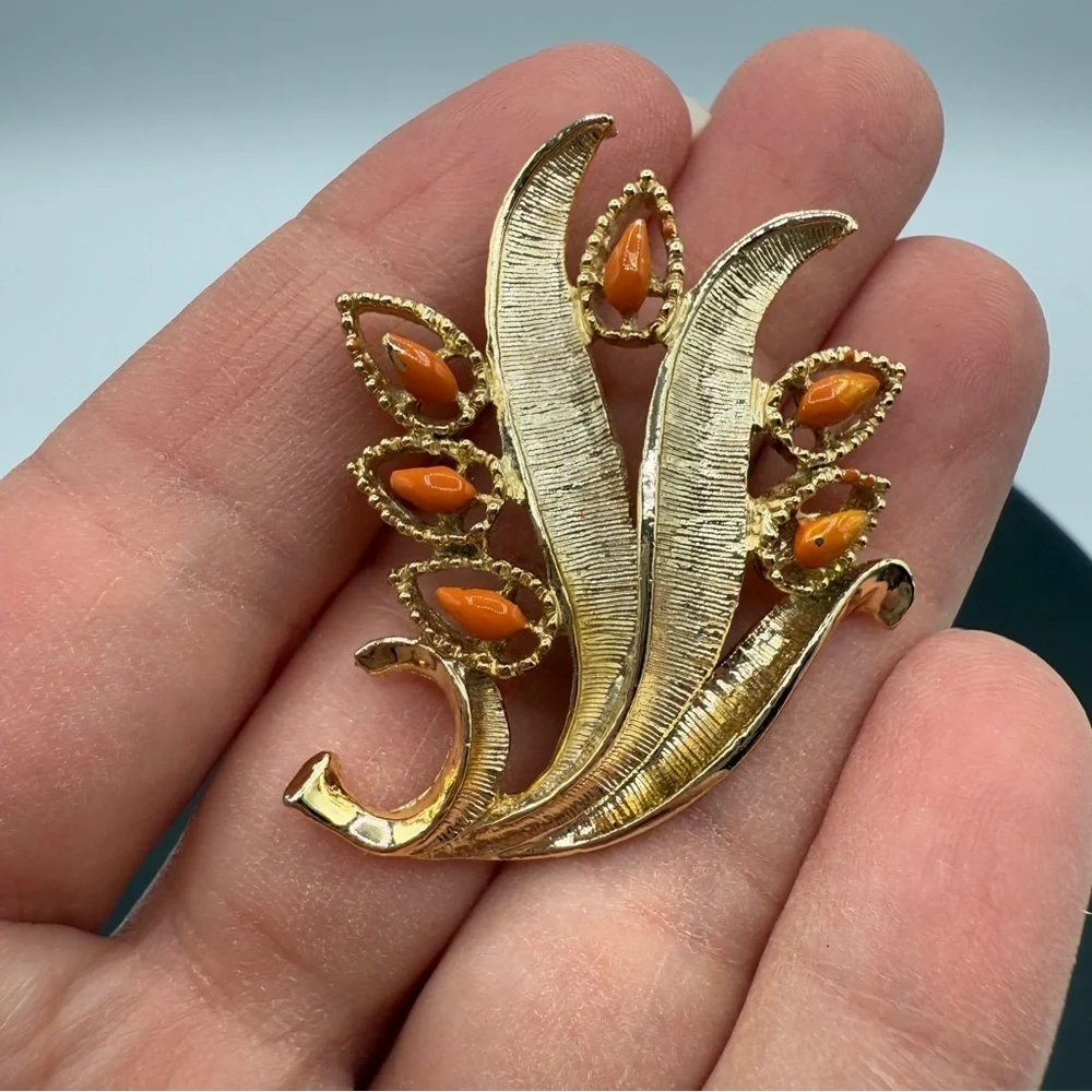 Vintage Gerrys Orange and Gold Tone Floral Brooch